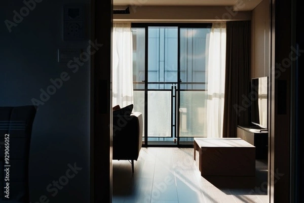 Fototapeta Sunlight filters through curtains into a tidy modern living room, casting soft shadows and creating a serene ambiance.
