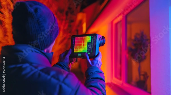 Fototapeta Thermal Imaging Camera in Use by Home Inspector Revealing Hidden Wall Issues, Color-Coded Heat Map of Potential Concerns.