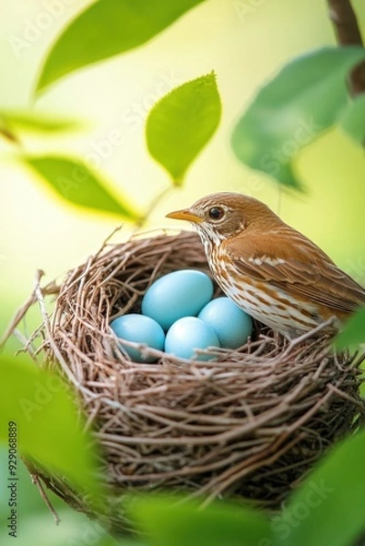 Fototapeta A brown bird tending to its bright blue eggs in a cozy nest surrounded by green leaves