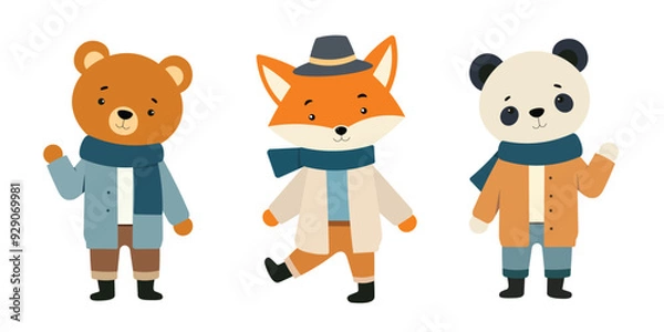 Fototapeta Set of cute Animal character cartoon vector illustration. Bear, panda, fox in autumn clothes. Graphic designs for print ,textile, fabric for baby,children and kid.
