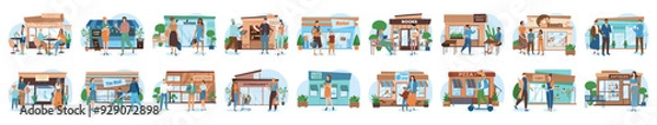 Fototapeta Bundle of street shop concepts with people scene in flat cartoon design. A large selection of colorful images of men and women against the background of street shops. Vector illustration.