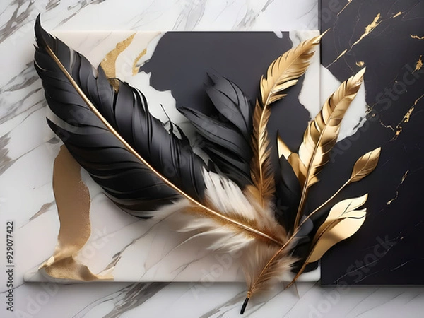 Fototapeta On the marble background there are many  feather