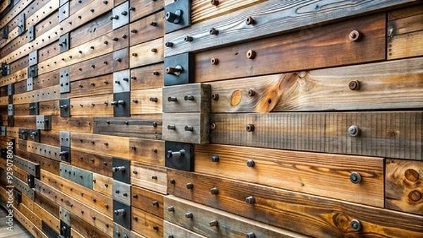Obraz Rustic wooden wall with exposed studs, wooden planks, and metal fasteners, evoking a sense of raw, industrial, and vintage charm in a modern interior design setting.
