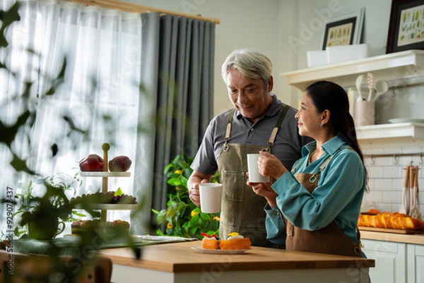 Obraz A man and woman are sitting at a table in a kitchen, drinking coffee