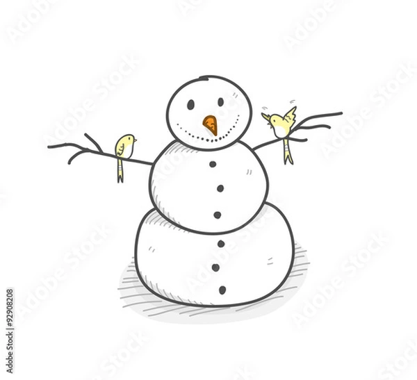Fototapeta Snowman, a hand drawn vector illustration of a smiling snowman got visited by 2 cute birds.
