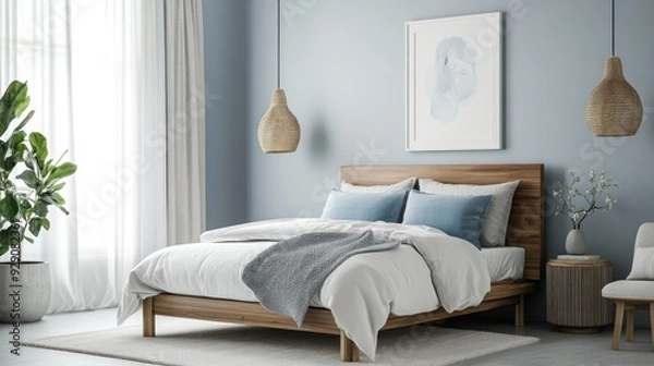 Fototapeta Minimalist Bedroom Interior with Wooden Bed, Blue Pillows, and Woven Pendant Lights