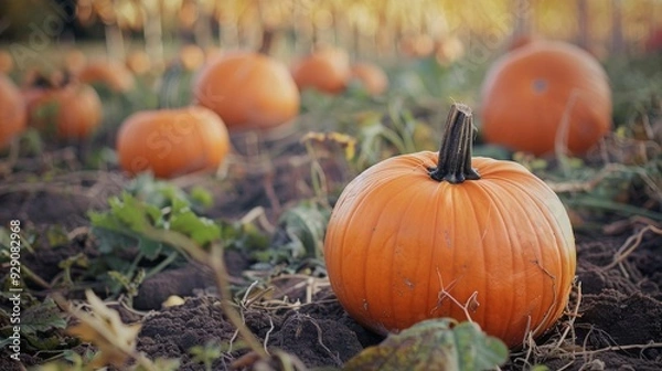 Fototapeta Pumpkin patch over autumn background. fresh orange pumpkins on a farm field. Rural landscape with sunset. Copy space, Halloween or Thanksgiving mock up for design and product display
