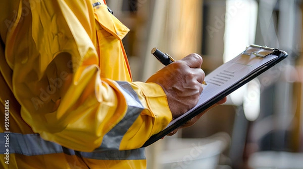 Obraz Close-Up of an Industrial Worker in a Yellow Jacket, Filling Out a Checklist on a Clipboard - Perfect for Stock Photography in Safety, Inspection, and Compliance-Related Projects