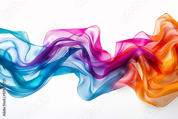 Fototapeta A cascade of multicolored satin ribbons flowing gracefully against a pure white background.
