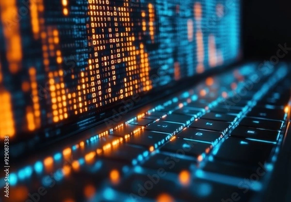 Fototapeta Close-up of a Laptop Keyboard with Binary Code Displayed on the Screen