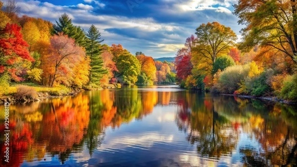Fototapeta Serene autumn morning on a tranquil New England river, surrounded by vibrant fall foliage and calm waters reflecting the colorful trees and sky.