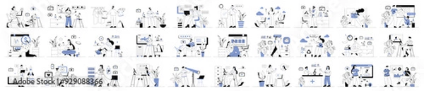 Fototapeta Bundle of blue linear concepts with people scene in flat cartoon design. Situations in various themes are depicted in this collection in a minimalist style. Vector illustration.