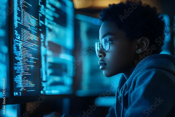 Obraz  IT young primary school student studying at computer learning digital code in data and online software ai cyber security threats