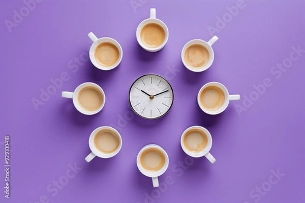 Fototapeta A clock surrounded by twelve coffee cups on a violet background, top view. Coffee addiction concept.