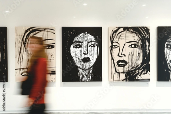 Obraz Abstract Portraits in Modern Art Gallery with Blurred Visitors