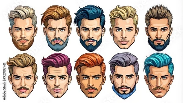 Fototapeta Set of stylish vector illustrations depicting various men's hairstyles, including undercuts, fades, and pompadours, in bold lines and vibrant colors on a white background.