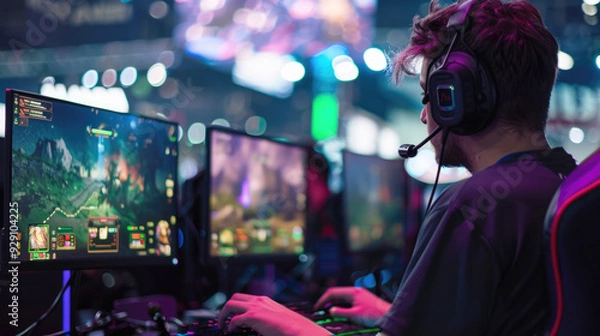 Fototapeta World Gaming Exhibition, gaming industry event, cyber sports competition. Cyber ​​athlete plays a video game on the computer. Selective focus.