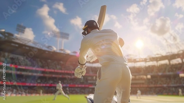 Fototapeta Close-up shot of a cricket player hitting the ball in a front view action shot. Close-up shot of a cricket player hitting the ball in a front view action shot.