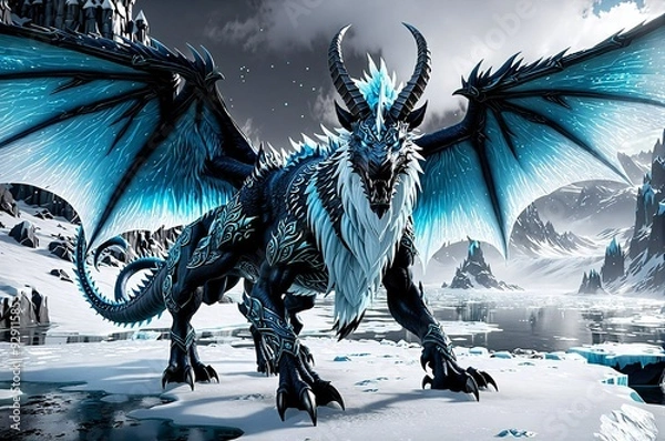Fototapeta A blue dragon with red eyes stands on a snowy mountain