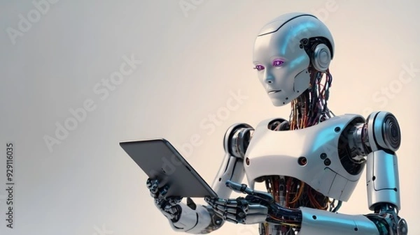 Fototapeta Ai robot using tablet isolated on white background