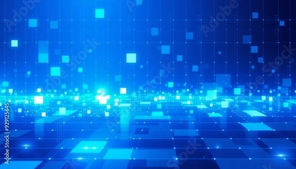 Fototapeta Sophisticated blue grid design featuring a mix of bright and dark squares creating a clean and futuristic tech background