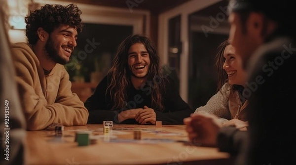 Fototapeta Four friends share laughter while playing a board game at a wooden table in a warm, inviting space