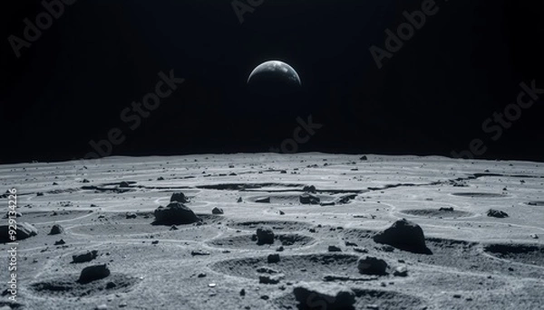 Fototapeta gray cratered moon expanse with rocky debris earth appearing far away as a distant blue sphere intricate shadows and highlights on the moon s surface against the dark cosmos