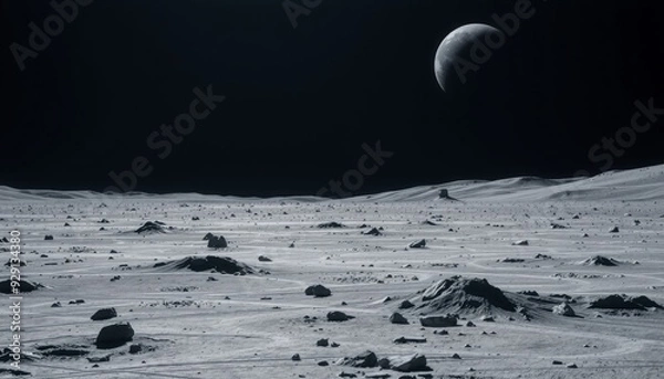 Fototapeta desolate lunar landscape with scattered meteorites and rugged craters earth seen far off as a tiny blue dot moon s textured surface sharply contrasting with the dark sky