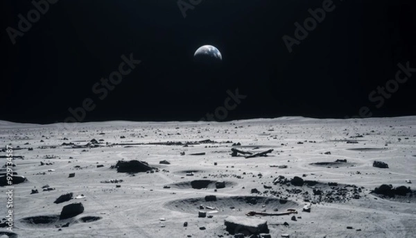 Fototapeta vast desolate moon surface with jagged craters and scattered debris earth hanging far above as a small blue dot stark contrasts between the moons rough texture and the dist