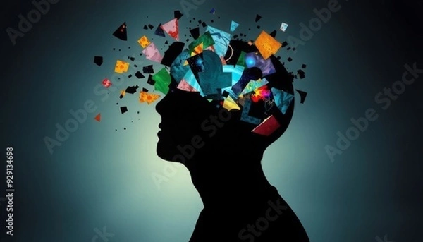 Fototapeta a dark silhouette of a head with an open mind fragmented pieces of colorful light and abstract shapes emerging depicting complex thoughts and subconscious wonders 