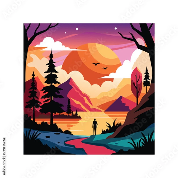 Obraz A vibrant sunset scene with trees silhouetted against a backdrop of distant mountains. t shirt design concept.