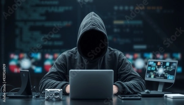 Fototapeta black hoodie-clad figure with an obscured face surrounded by various tech gadgets set against a dark blurred backdrop symbolizing secure cyber practices