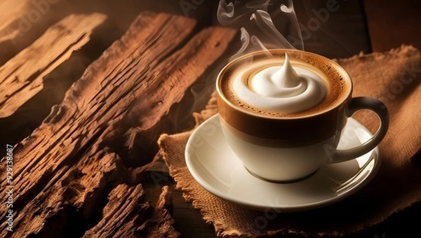 Fototapeta taza de café o chocolate caliente con espuma, sobre un plato blanco y madera rustica  