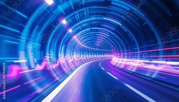 Fototapeta shimmering tunnel walls in radiant hues of blue and purple light streaks swirl in a spiral pattern conveying a sensation of high velocity and dynamic motion through space