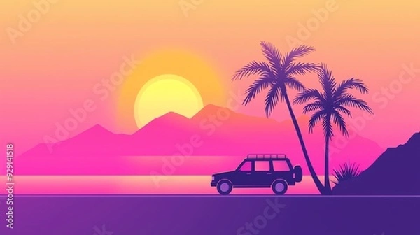 Fototapeta A vibrant sunset scene with silhouettes of palm trees, mountains, and a classic car by the sea, evoking a sense of adventure.