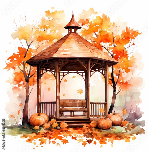 Fototapeta Serene Gazebo in a Tranquil Park Amidst the Golden Hues of Autumn. Perfect for wallpapers, backgrounds