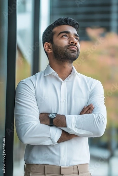 Fototapeta A man in a white shirt and tan pants is standing in front of a window, looking out at the street. He is wearing a watch and has his arms crossed. Concept of contemplation and introspection