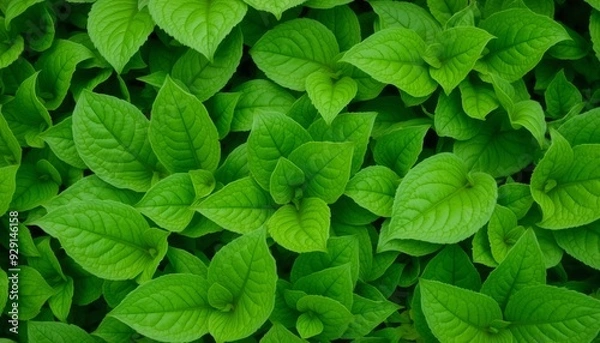 Fototapeta a close-up of lush green leaves densely packed with visible vein details slight curls on some edges forming a rich vibrant surface that fills the entire frame