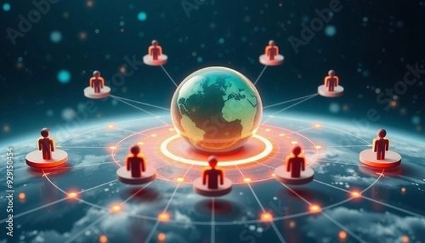 Fototapeta Businesspeople icons as planets orbiting around a central hub connected by digital pathways