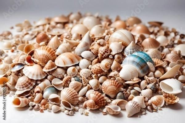 Fototapeta Summer flat lay, pile of colorful seashells close-up
