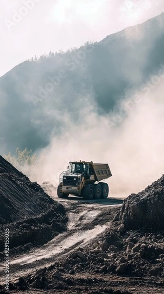 Fototapeta A mining truck moves through dust on a rugged path in a mountainous area