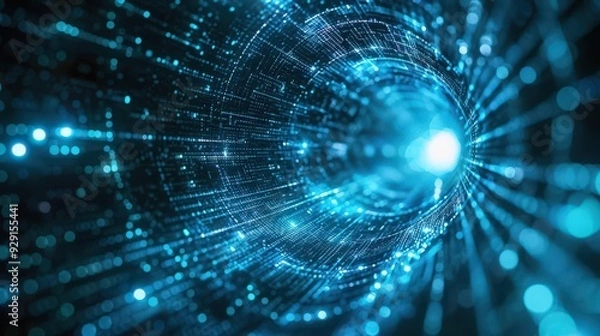 Fototapeta A mesmerizing blue tunnel of light, showcasing modern technology and digital innovation with radiant particles and depth.