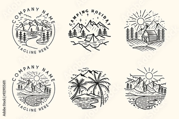 Fototapeta set monoline Mountain line art vector logo. mountain trees and nature, perfect for adventure or nature lovers
