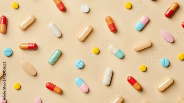 Fototapeta A colorful assortment of various pills and capsules on a neutral background.