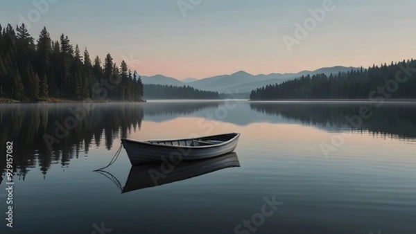 Fototapeta A small boat floats on a perfectly calm, mirrored lake, with a barely visible horizon. The scene is monochromatic, evoking stillness