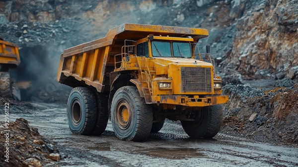Obraz large mining truck working in a mine, quarry, pit, minerals, coal, rocks, transport, transport, huge yellow car, equipment, ore, soil, crushed stone, industry, gypsum, clay, granite, graphite, wheels