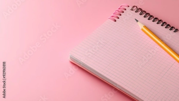 Obraz Pink notepad with grid lines and a pencil on the right side, on a vibrant magenta background