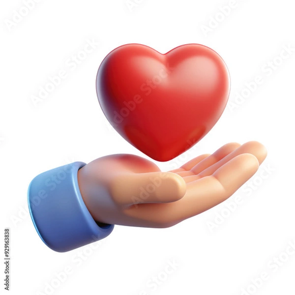 Fototapeta 3D hand holding a red heart symbol, representing love, care, and kindness. Suitable for health, charity, and support-related concepts. Isolated on transparent background, png.