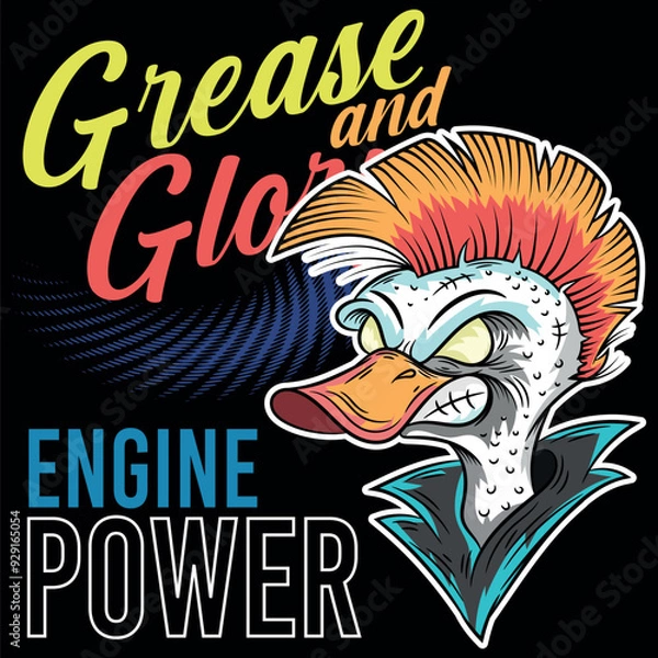 Fototapeta Punk duck with a biker-style leather jacket, urban texts about trips to different places, flags from different countries, bright colors and allusive to road races, rock and roll music.