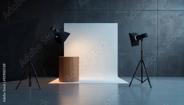 Fototapeta Professional photo studio with lights and cameras, white backdrop with an empty podium for product photography